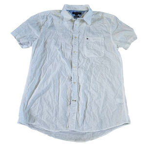 Men's Tommy Hilfiger XL White Blue Short Sleeve Casual Button Down Shirt